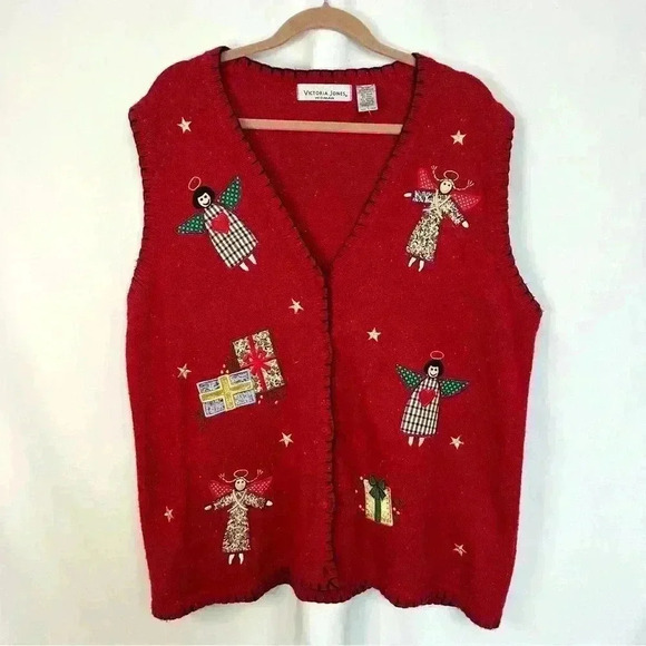 Victoria Jones Vintage‎ Christmas Vest Embroidered Patches Wool Blend Womens 1X - Picture 1 of 10